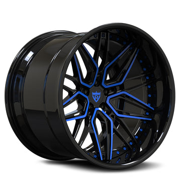Blue custom forged 2-piece deep dish rim showcasing sleek black finish and unique design.